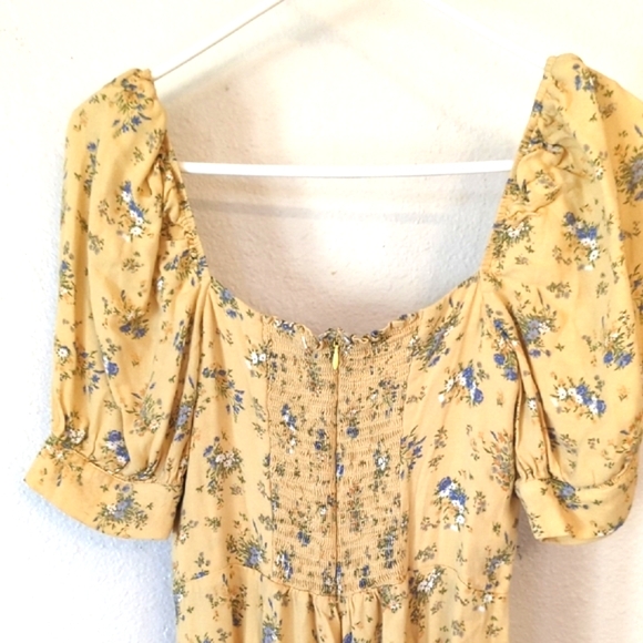 Reformation Yellow Puff Sleeve Floral Sweetheart Mini Dress Size 6 - Picture 8 of 9